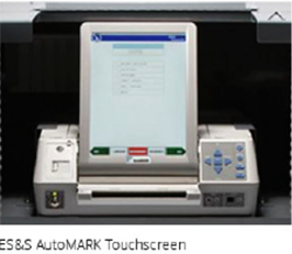 The BMD touchscreen shows a ballot.  The touchscreen in an upright rectangle and the keypad is on the lower right-hand side.